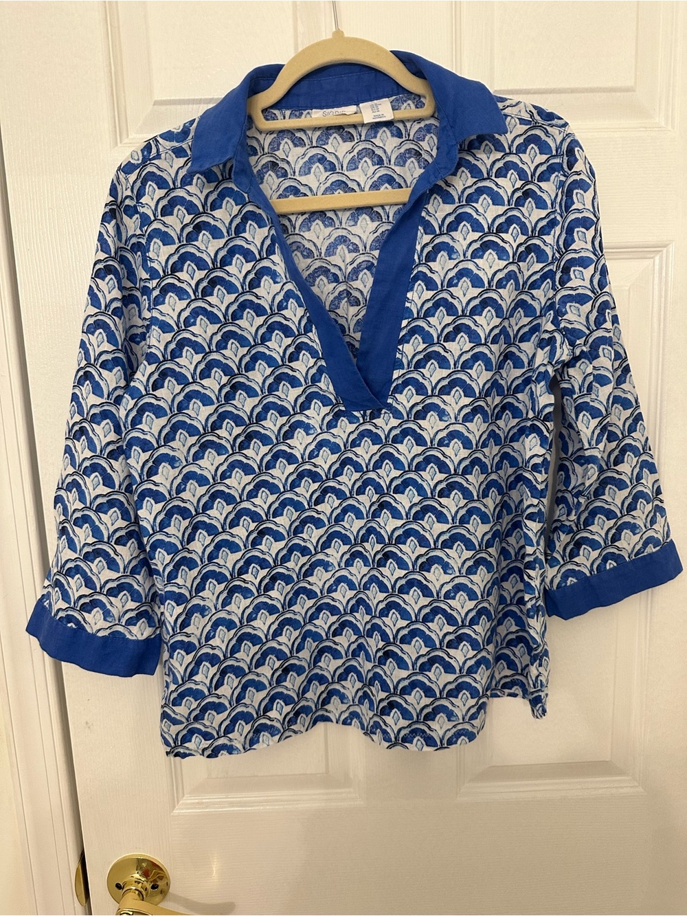 Sigrid Olsen Womens Blue White Scallop Print 100% Linen Tunic Topโ Size Medium